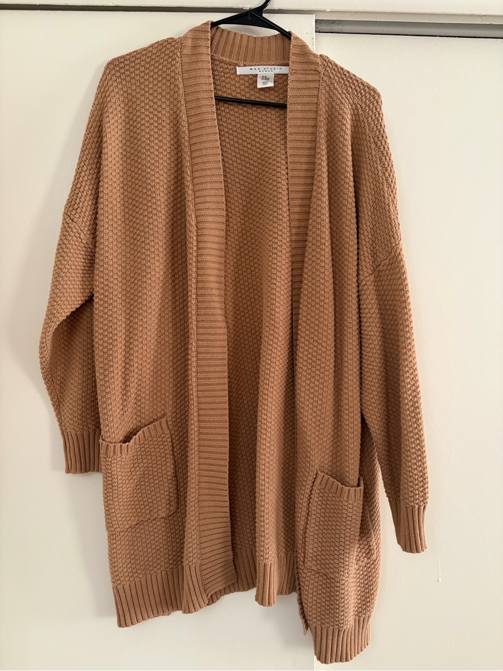 Max Studio Camel Open-Front Waffle Knit Cardigan